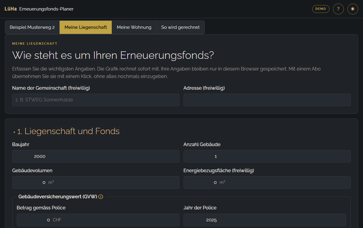 Meine Liegenschaft: Formular für Baujahr, Gebäudevolumen und Gebäudeversicherungswert