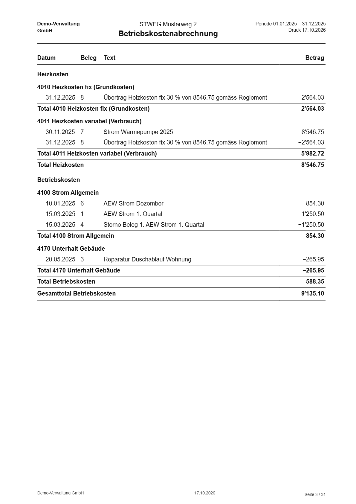 PDF: Betriebskostenabrechnung mit Einzelbuchungen pro Konto