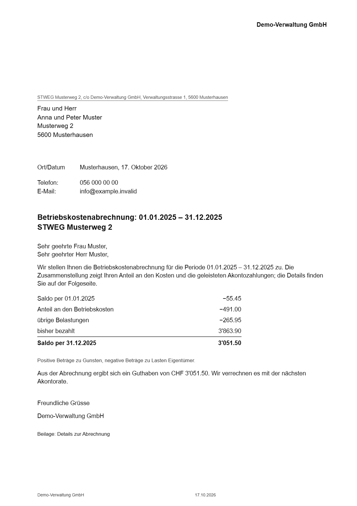 PDF: Eigentümerbrief mit Abrechnung und Saldo